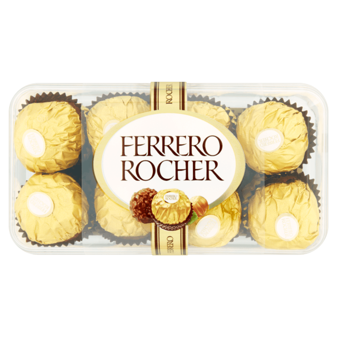 Ferrero Rocher tejcsokoládéval és mogyoródarabkákkal borított ropogós ostya lágy töltelékkel