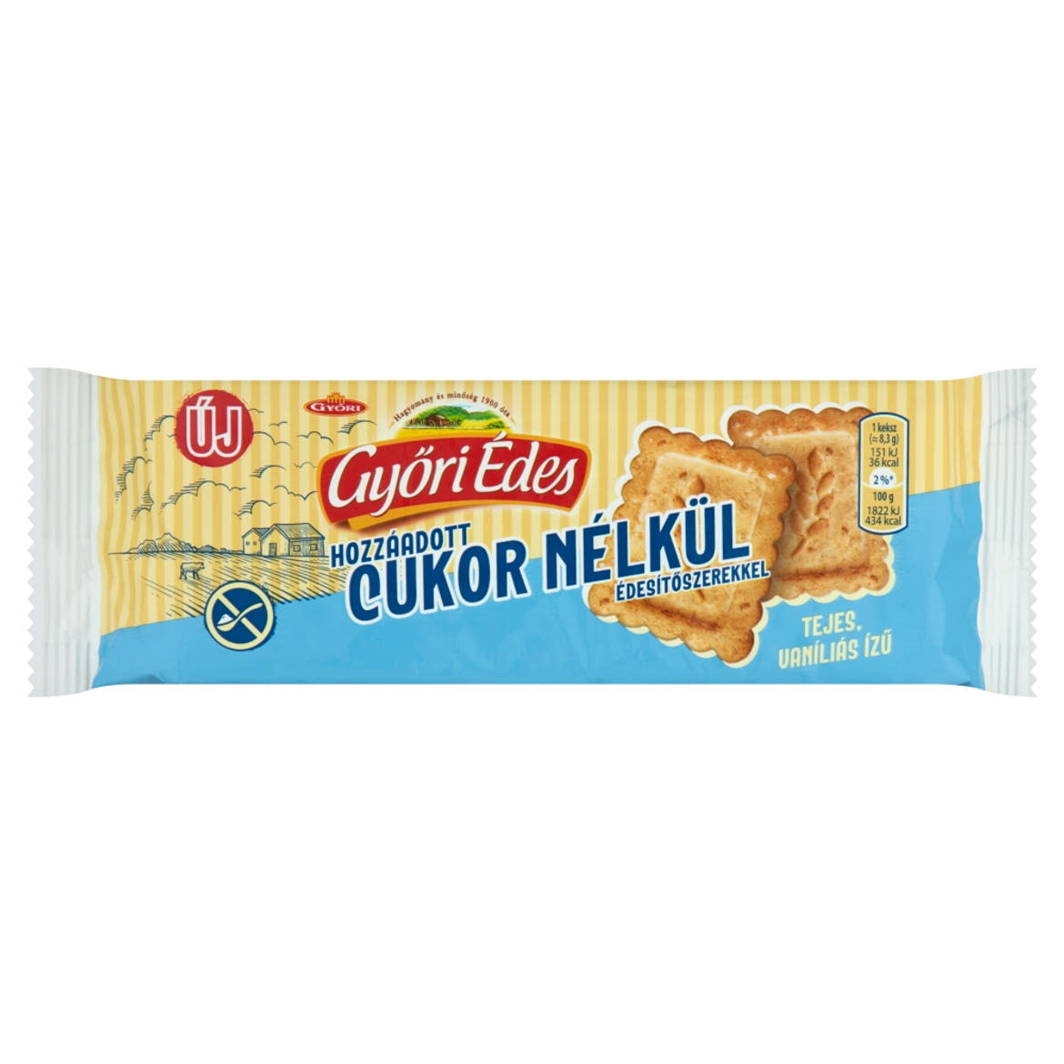 Győri Édes vaníliás ízű, tejes keksz teljes kiőrlésű búzaliszttel és édesítőszerekkel