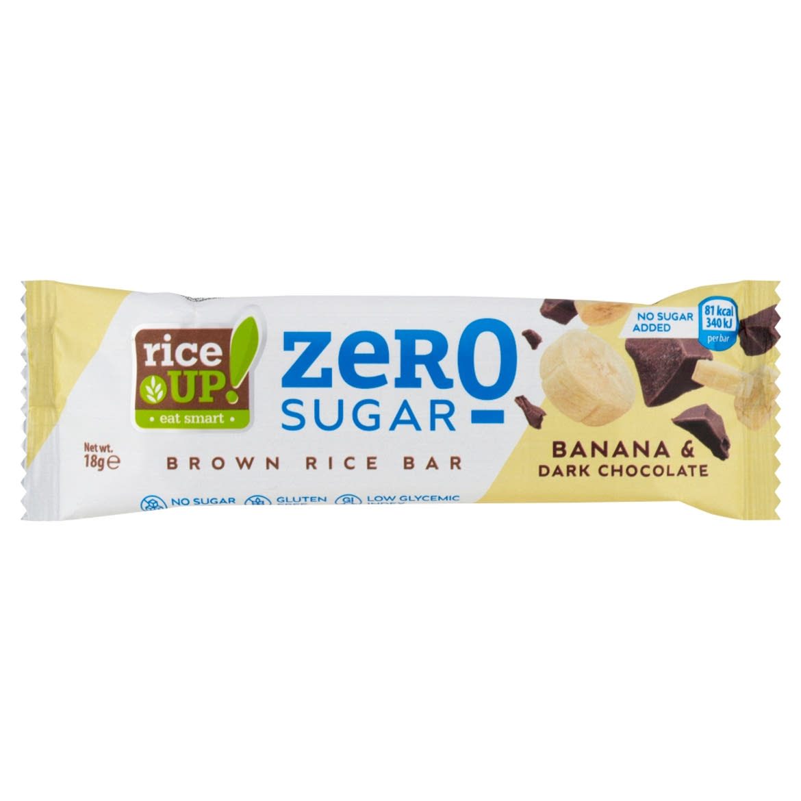RiceUp! Zero Sugar puffasztott teljes kiőrlésű barna rizsszelet banános ízű étcsokoládéval