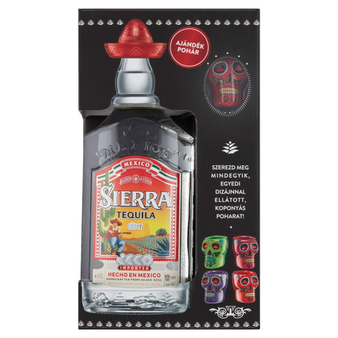 Sierra Tequila Silver mexikói agávépárlat 38% + 1 pohár díszdobozban
