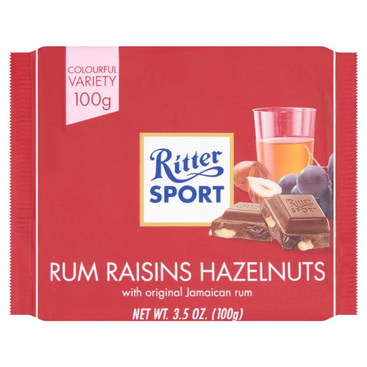 Ritter Sport tejcsokoládé rummal, mazsolával és mogyoróval