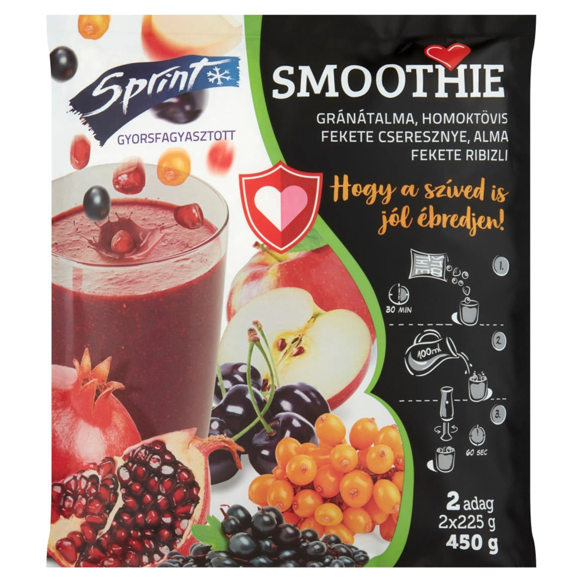 Sprint gyorsfagyasztott gránátalma, homoktövis, fekete cseresznye, alma smoothie 2 x (450 g)