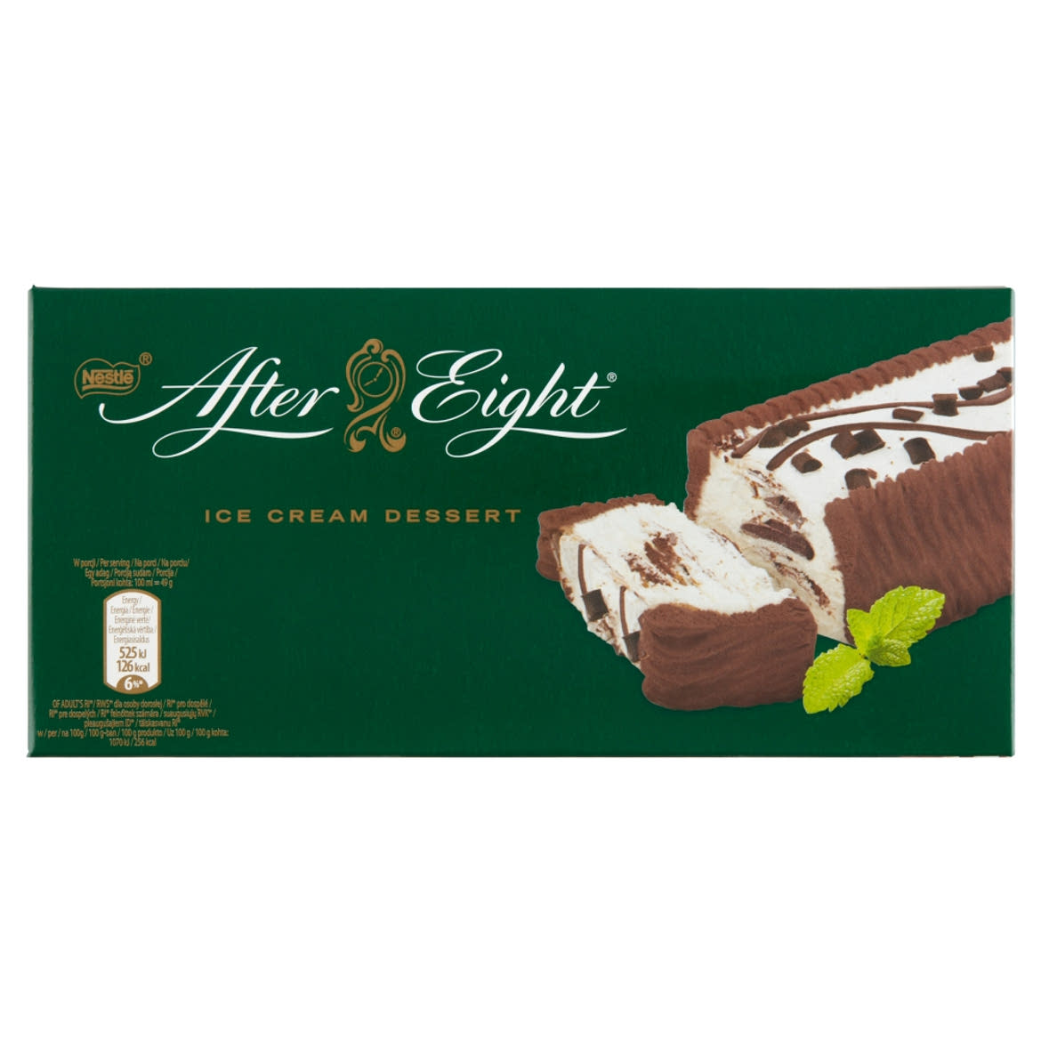 After Eight mentás és csokoládés jégkrém kakaós bevonattal, étcsokoládé darabkákkal díszítve 750 ml