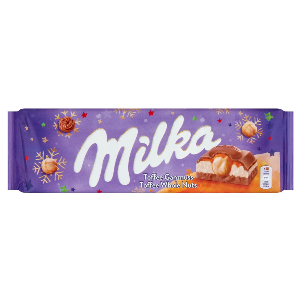 Milka alpesi tej felhasználásával készült tejcsokoládé karamell ízű tejes krémtöltelékkel