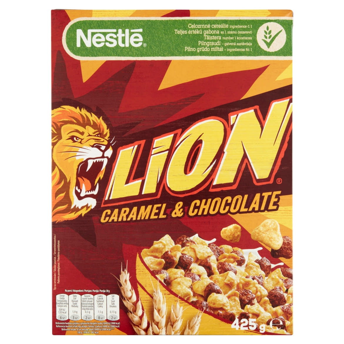 Nestlé Lion karamellás és csokoládés ropogós gabonapehely vitaminokkal és ásványi anyagokkal