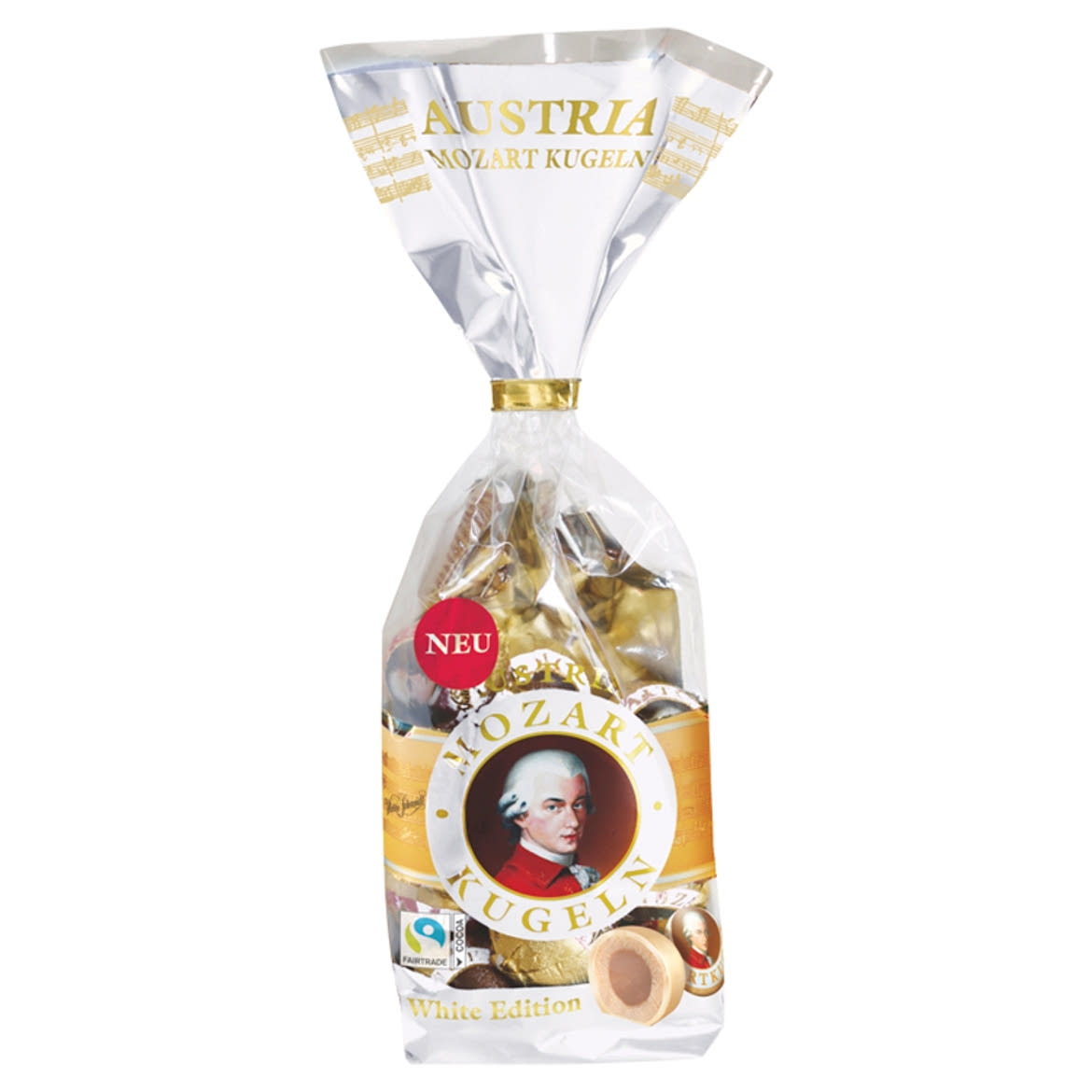Victor Schmidt Austria Fehércsokoládés Mozart golyó praliné marcipánnal és nugátkrémmel töltve