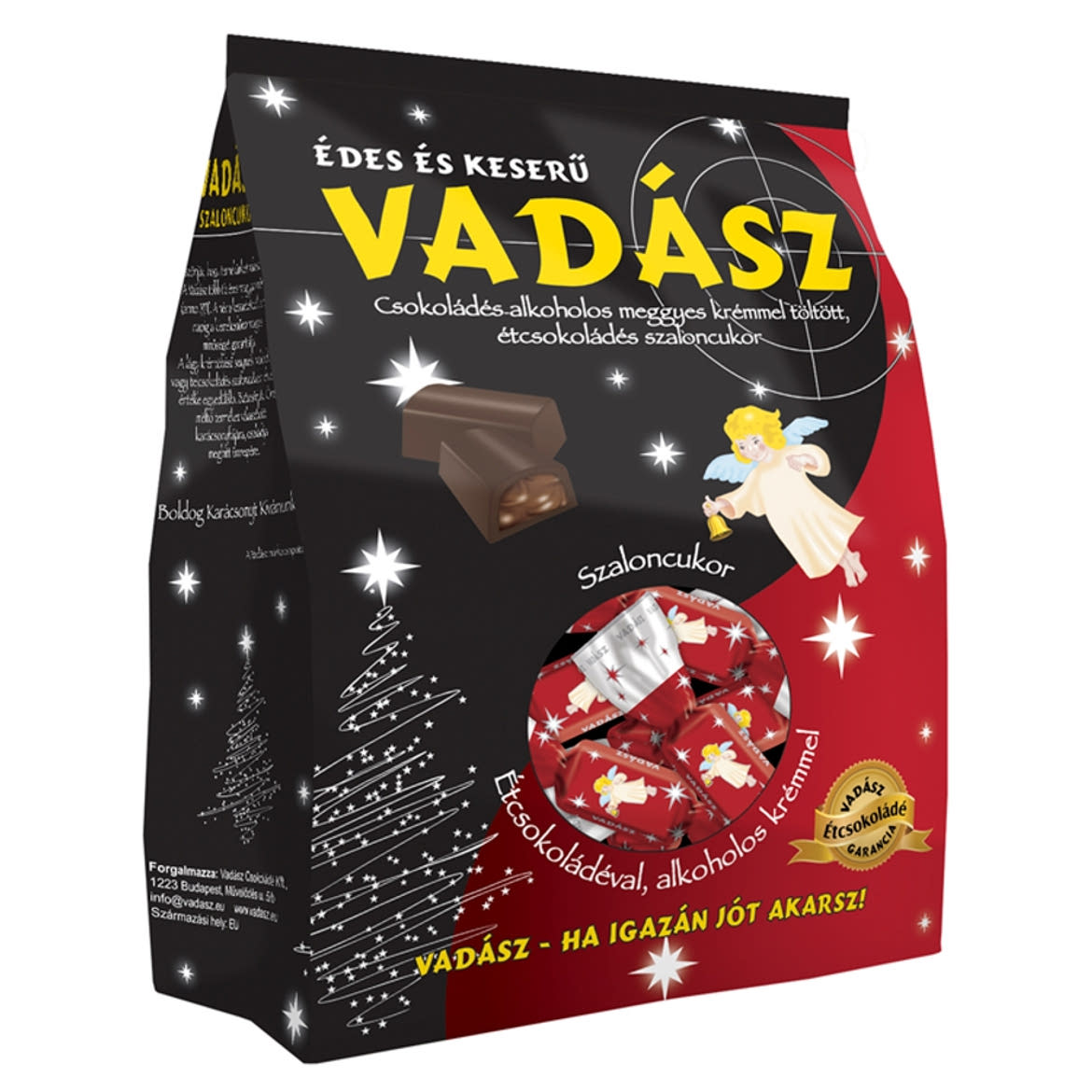 Vadász csokoládés-alkoholos meggyes krémmel töltött, étcsokoládés szaloncukor