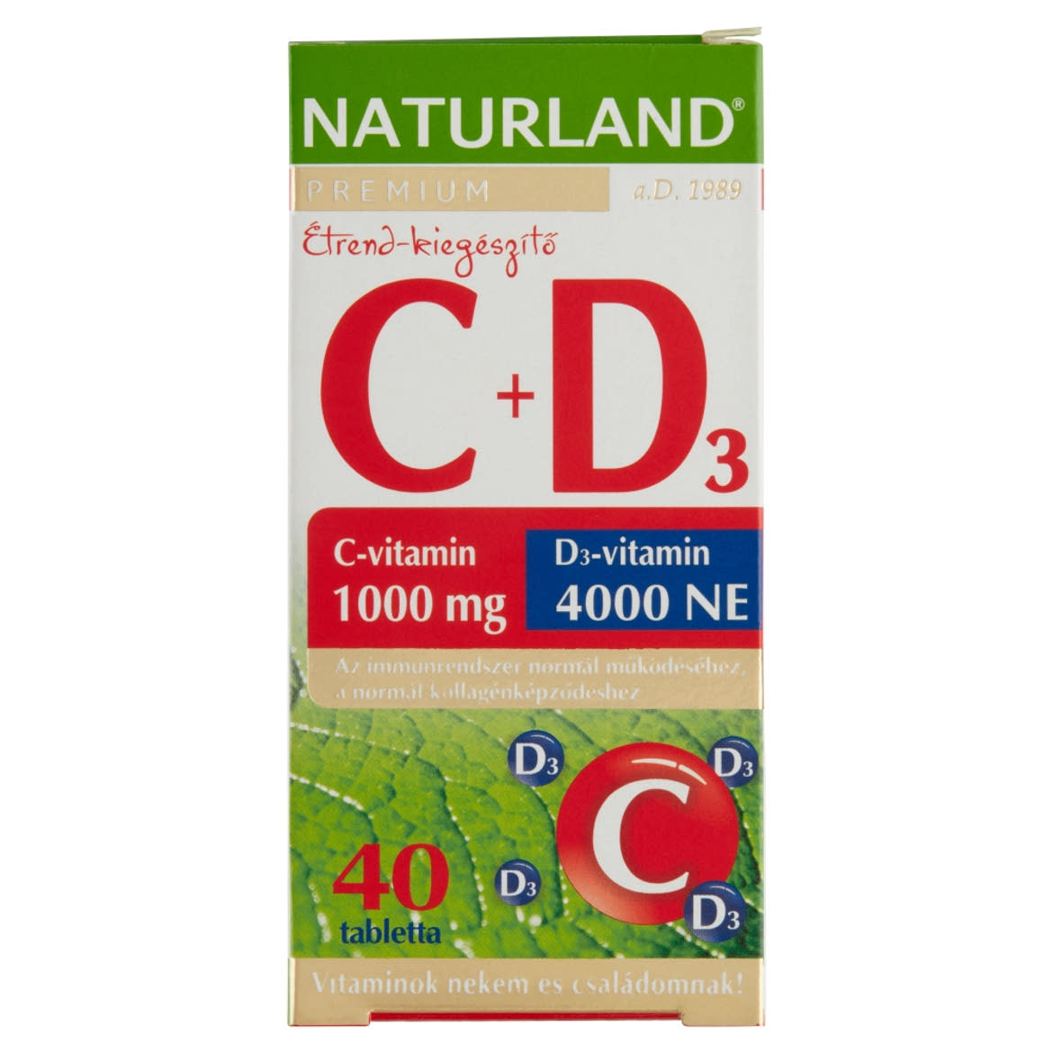 Naturland Premium C-vitamin 1000 mg + D3-vitamin 4000 NE étrend-kiegészítő tabletta