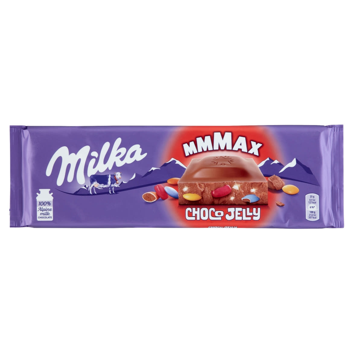 Milka Mmmax alpesi tejcsokoládé meggyes zselédarabkákkal, cukordrazséval és robbanócukorkával