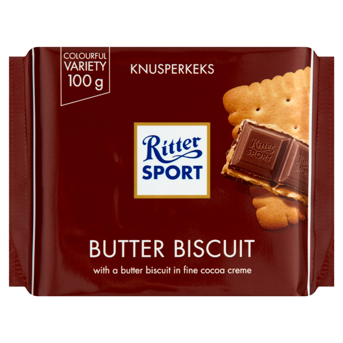 Ritter Sport kakaós krémmel és vajas keksszel töltött tejcsokoládé