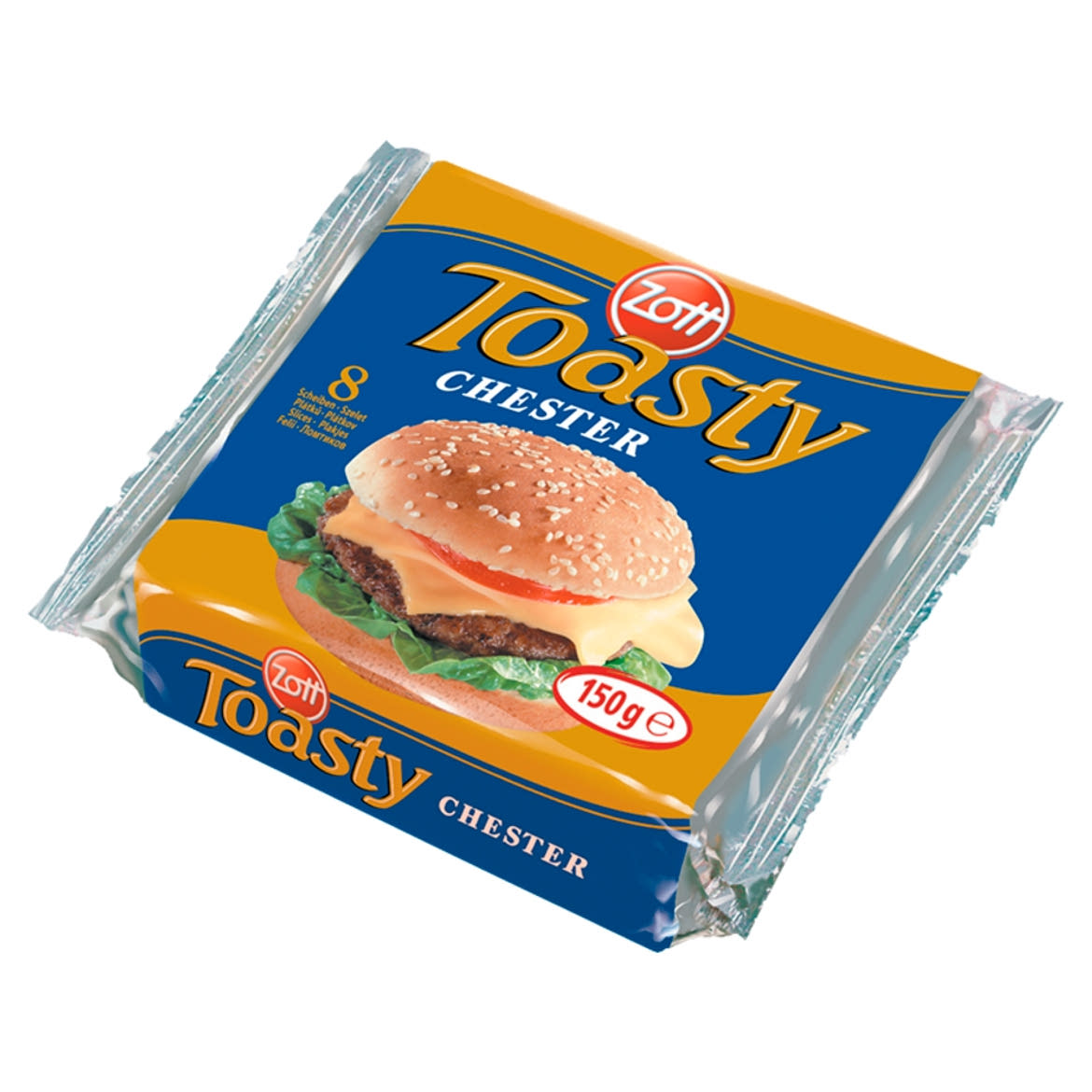 Zott Toasty Chester szeletelt, cheddar ízű, zsíros ömlesztett sajt 8 x 18,75 g (150 g)