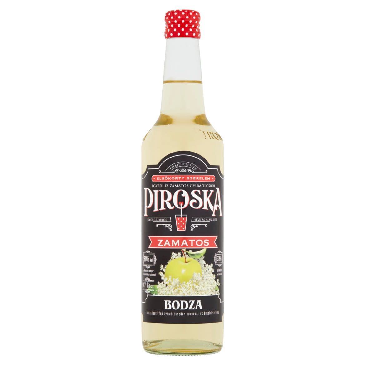Piroska bodza ízesítésű gyümölcsszörp cukorral és édesítőszerrel