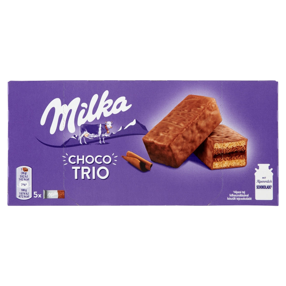 Milka Choco Trio alpesi tejcsokoládéval mártott kakaós krémmel töltött piskóta