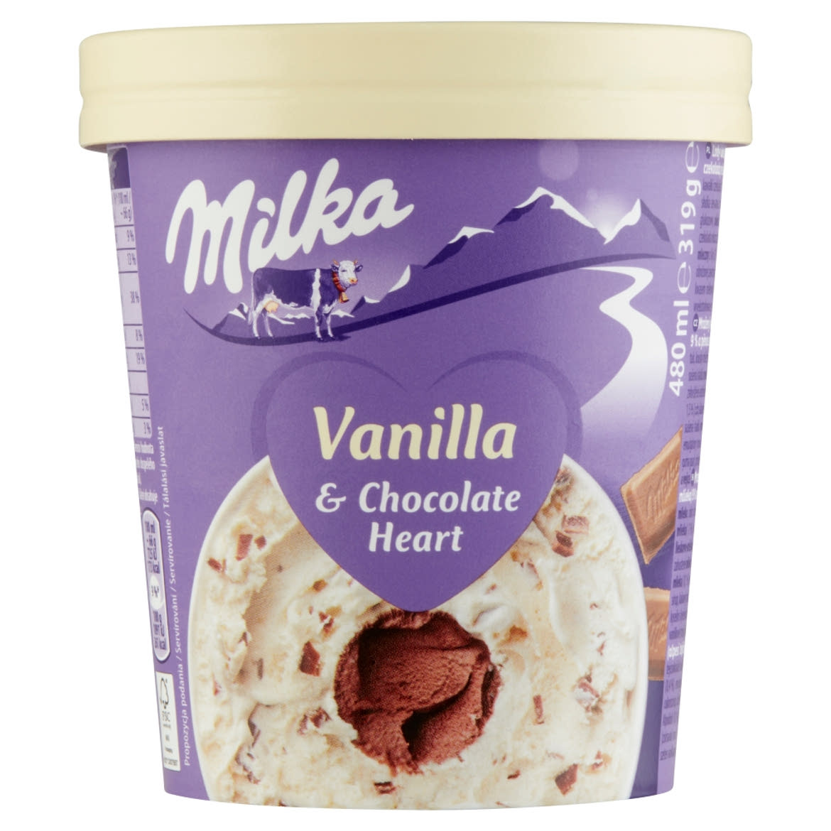 Milka vanília jégkrém tejcsokoládé darabokkal és tejcsokoládé öntettel 480 ml