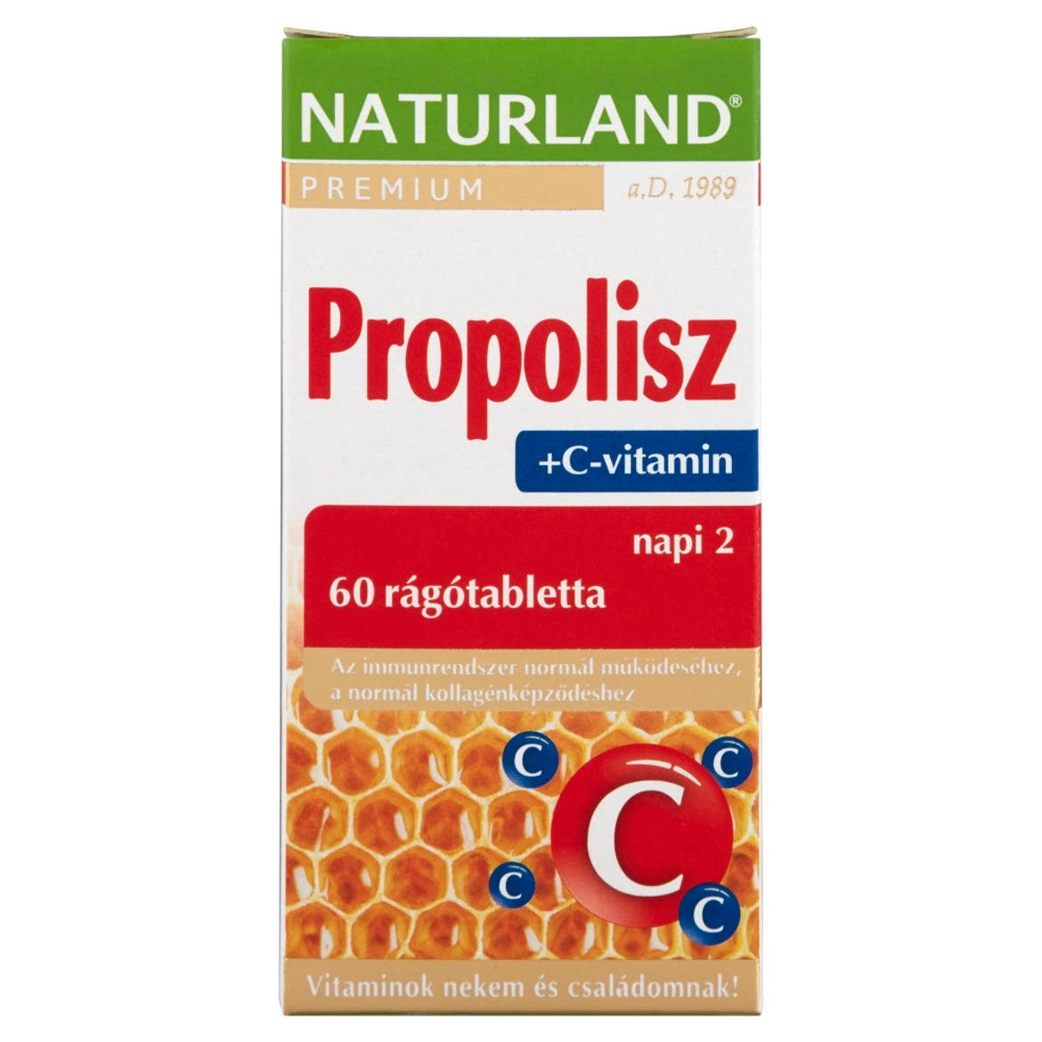 Naturland Premium Propolisz + C méz ízű étrend-kiegészítő rágótabletta édesítőszerrel