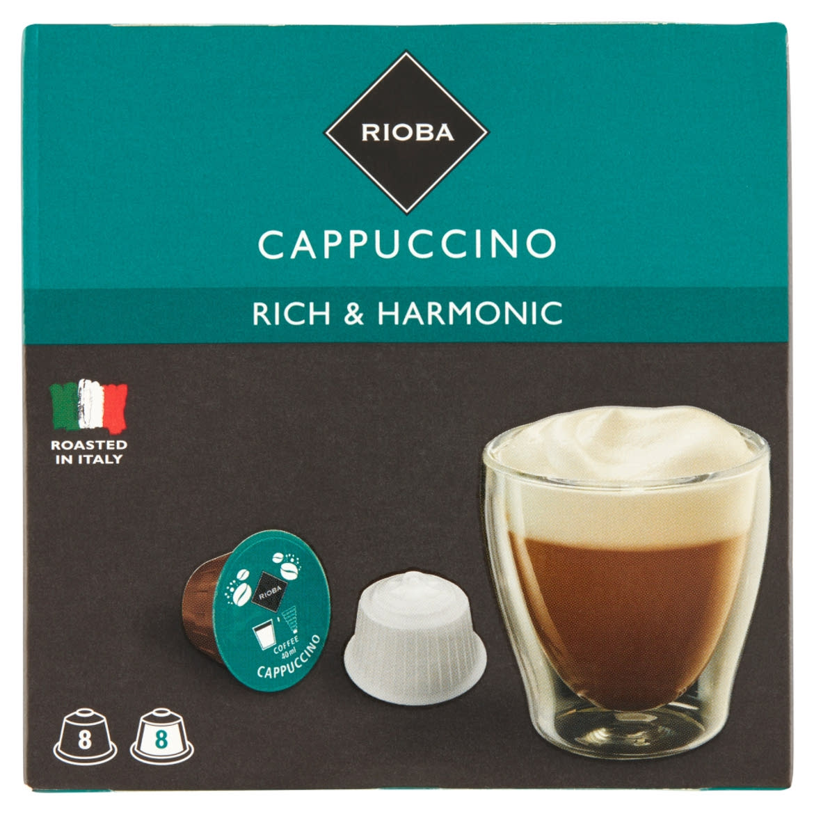Rioba Cappuccino pörkölt őrölt kávé és sovány tejpor cukorral kapszulákban 2 x 8 db