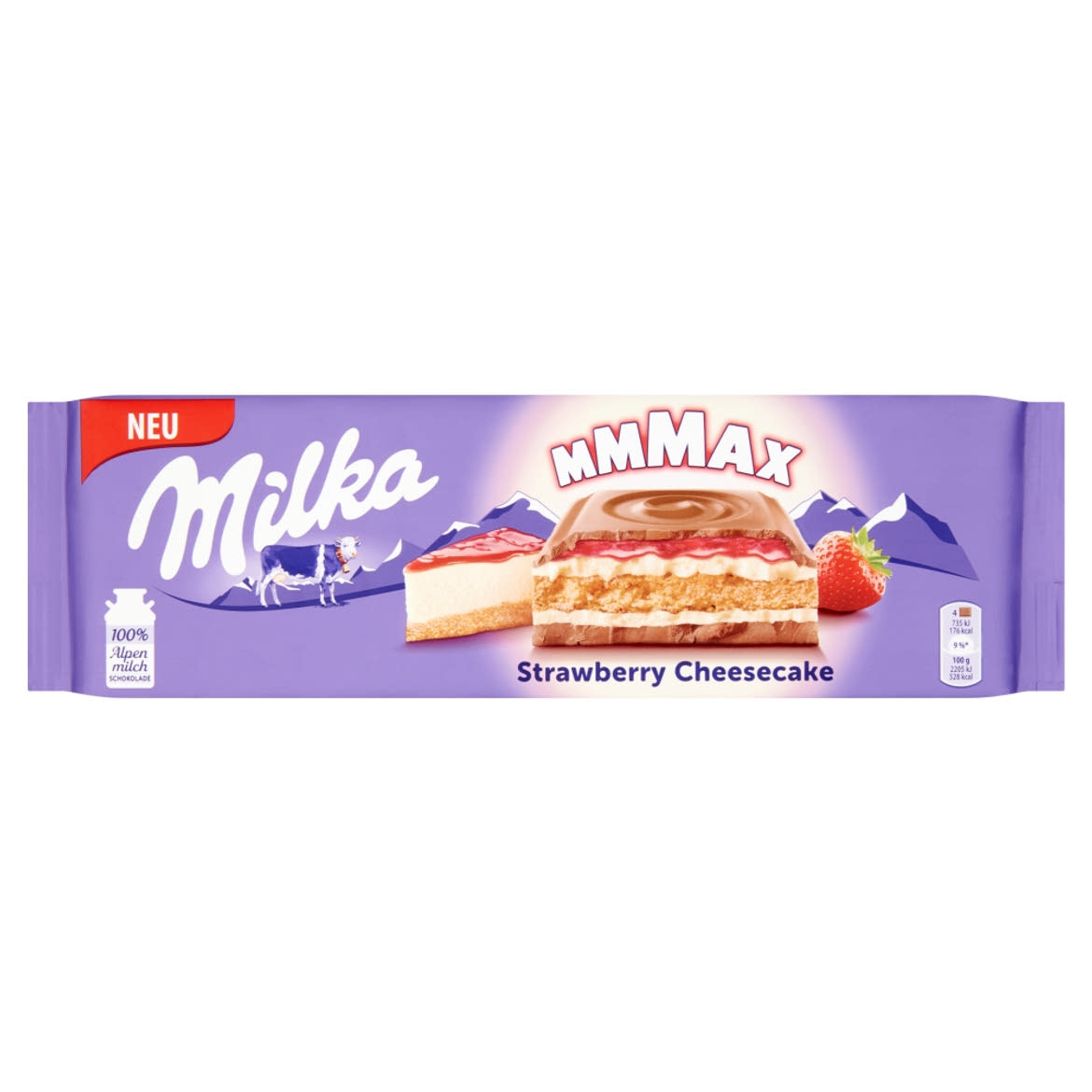 Milka alpesi tejcsokoládé sajttortaízű krémtöltelékkel, epres töltelékkel és keksszel