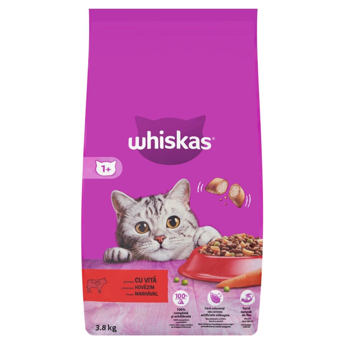 Whiskas 1+ teljes értékű szárazeledel felnőtt macskák számára marhával
