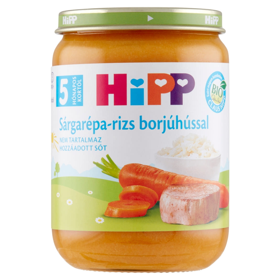 HiPP BIO sárgarépa-rizs borjúhússal bébiétel 5 hónapos kortól
