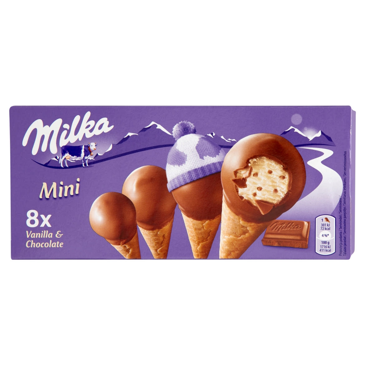 Milka Mini ostyatölcsérek vanília ízű jégkrémmel töltve tejcsokoládéval 8 x 25 ml
