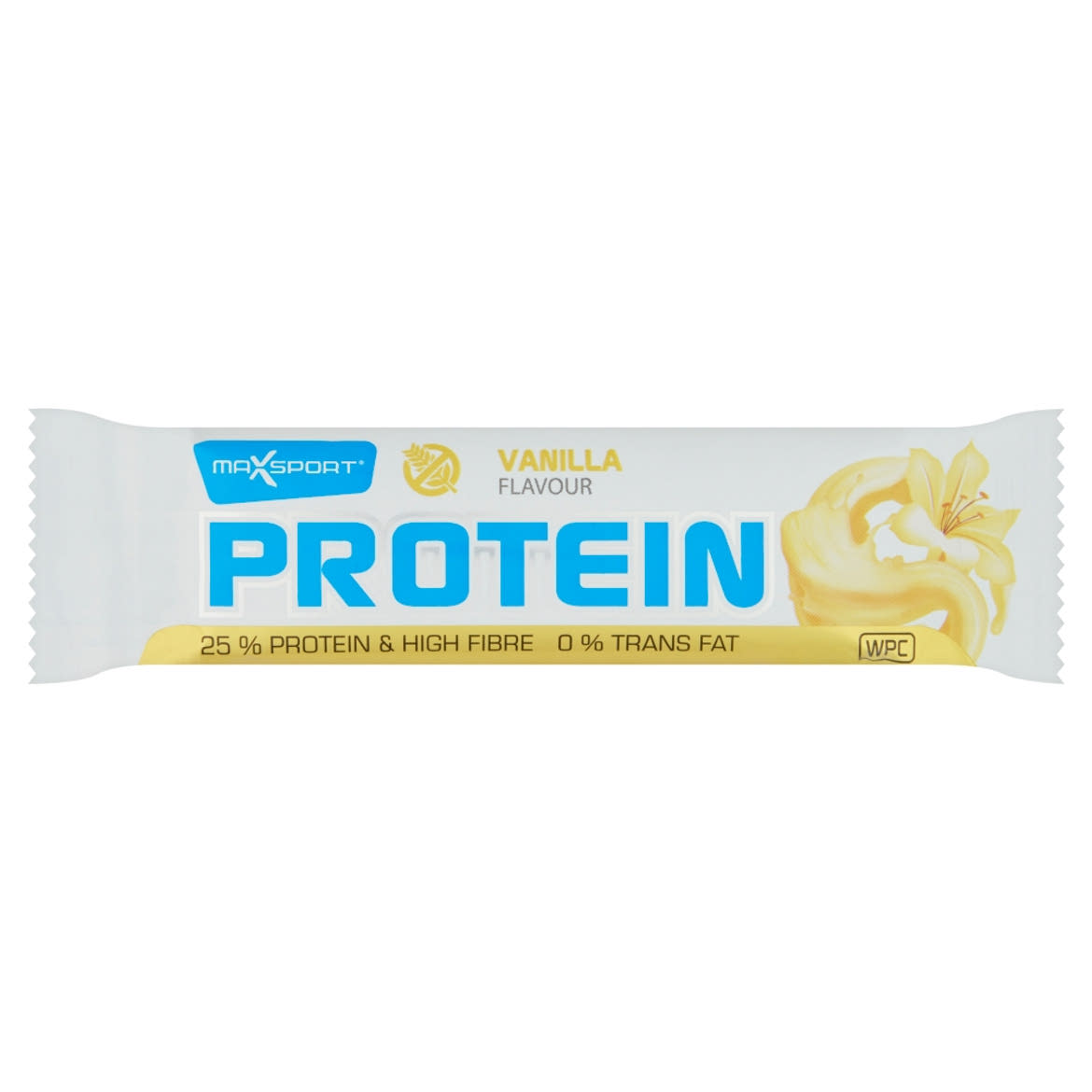 MaxSport Protein gluténmentes, vanília ízű fehérje tartalmú szelet fehér bevonattal
