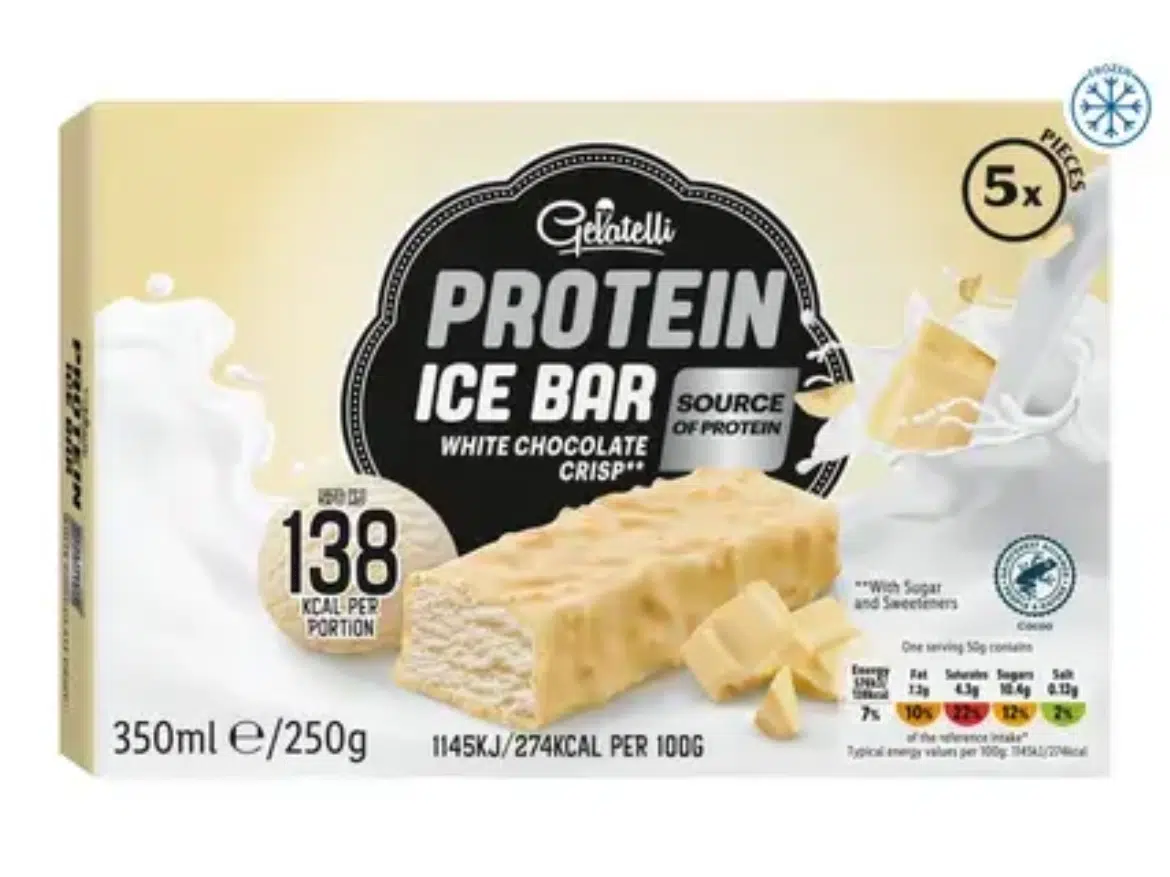 Gelatelli Proteines jégkrém kekszízű bourbon vaníliás jégkrém fehércsokival bevonva 5 x 70 ml