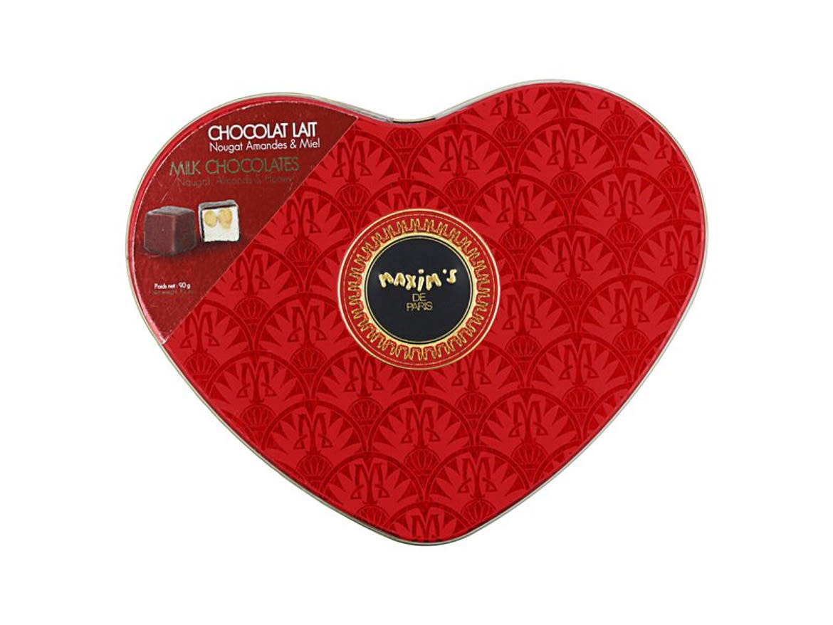 Maxim's mézes-mandulás nugáttal töltött tejcsokoládé szív alakú piros fémdobozban