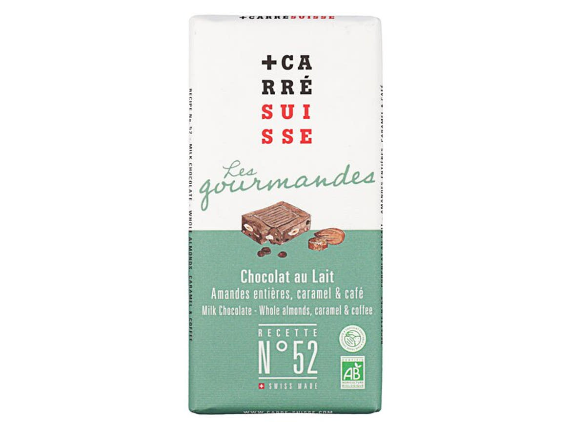 Carré Suisse bio tejcsokoládé egész mandulával, karamellával és kávéval No52