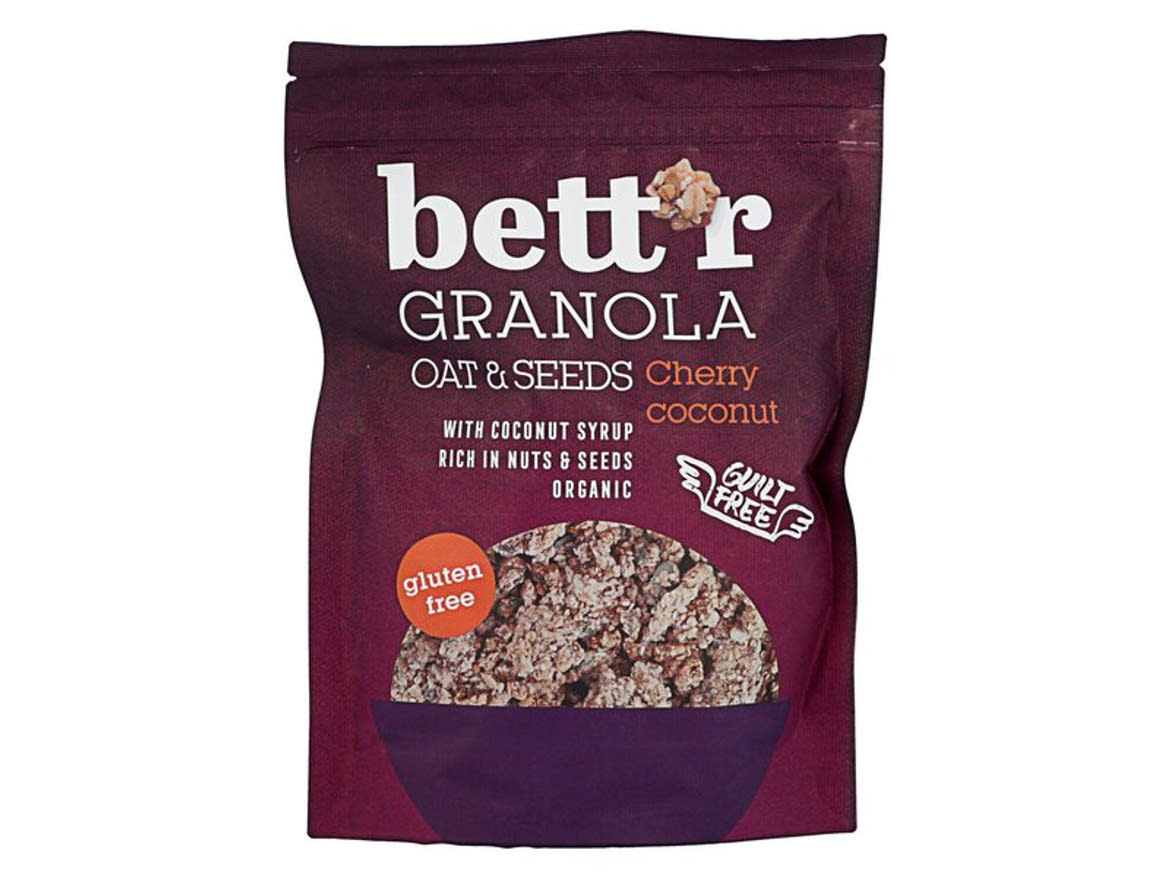 Bett'r Bio granola gluténmentes zabból, cseresznyével, kókusszal és magvakkal