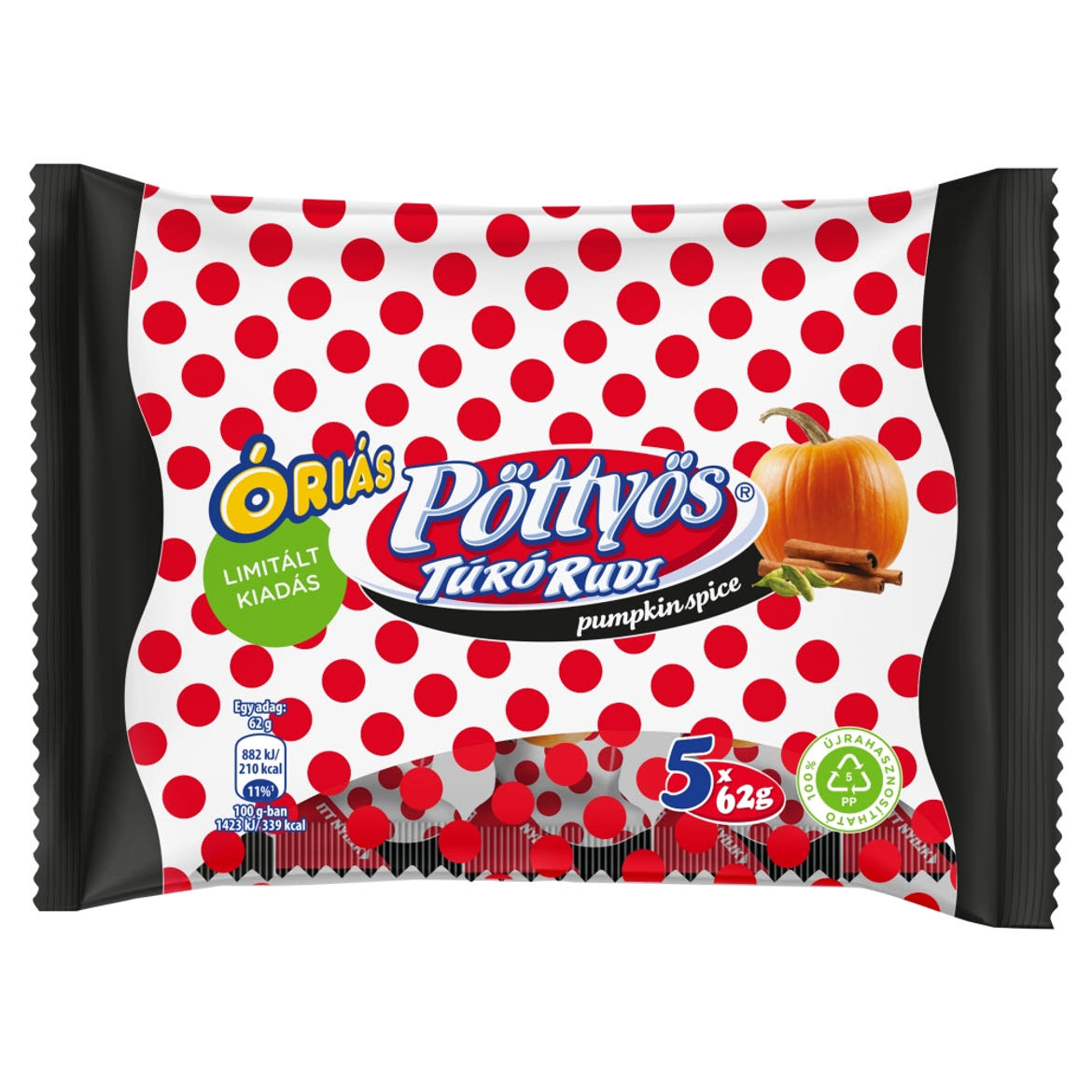 Pöttyös Óriás Túró Rudi fűszeres-sütőtökös túródesszert kakaós étbevonattal 5 x  (310 g)