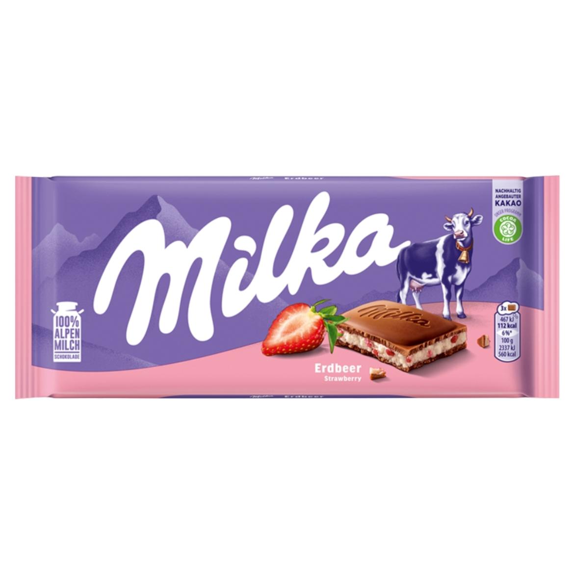 Milka alpesi tejcsokoládé eperízű krémmel töltve