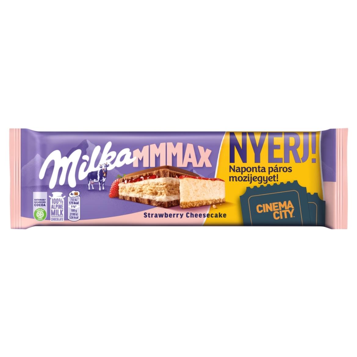 Milka alpesi tejcsokoládé sajttortaízű krémtöltelékkel, epres töltelékkel és keksszel