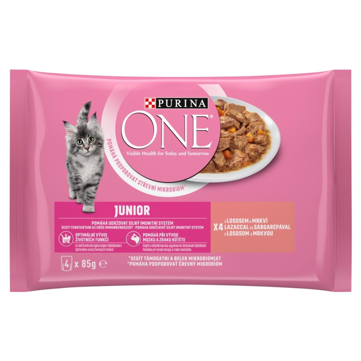 Purina One Junior Mini Filé nedves macskaeledel szószban lazaccal és sárgarépával 4 x  (340 g)