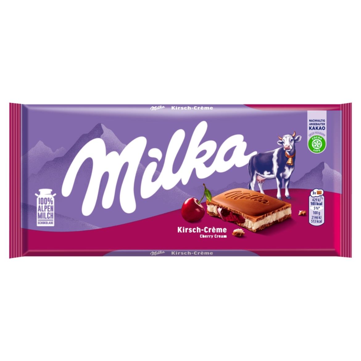 Milka alpesi tejcsokoládé meggy ízű tejes krémtöltelékkel és meggyes gyümölcskrémmel