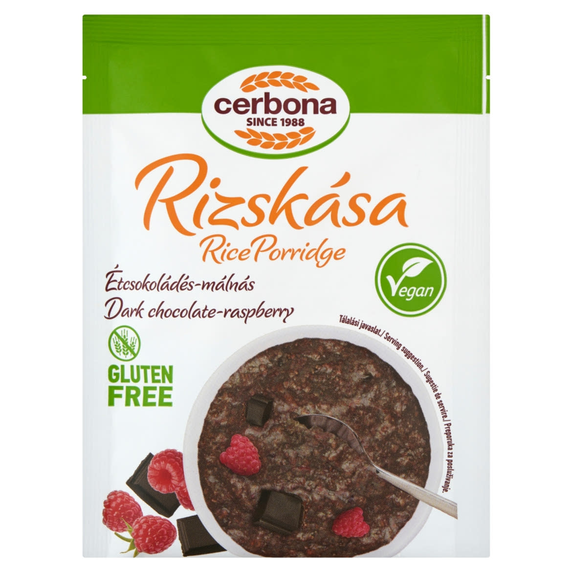 Cerbona Vegan gluténmentes, étcsokoládés rizskása málnával
