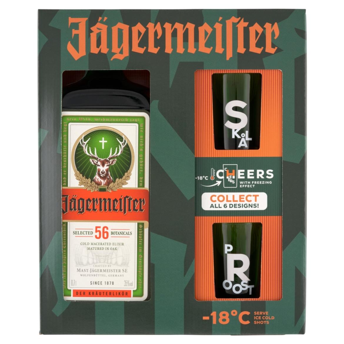Jägermeister gyógynövénylikőr díszdobozban 2 db 2 cl-es gyűjthető pohárral 35% 0,7 l