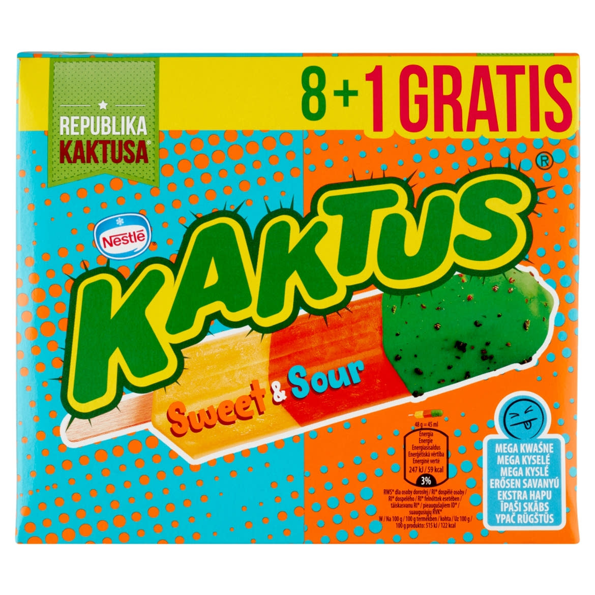 Kaktus Sweet & Sour őszibarackízű & savanyú, narancsízű vizes jégkrém rágógumiízű bevonattal, 432 g /