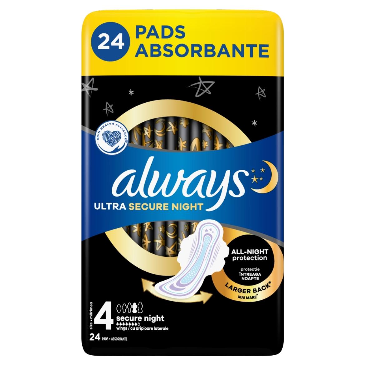 Always Ultra Secure Night (4-es Méretű) Szárnyas Betét Egészségügyi Betét, 24 Db