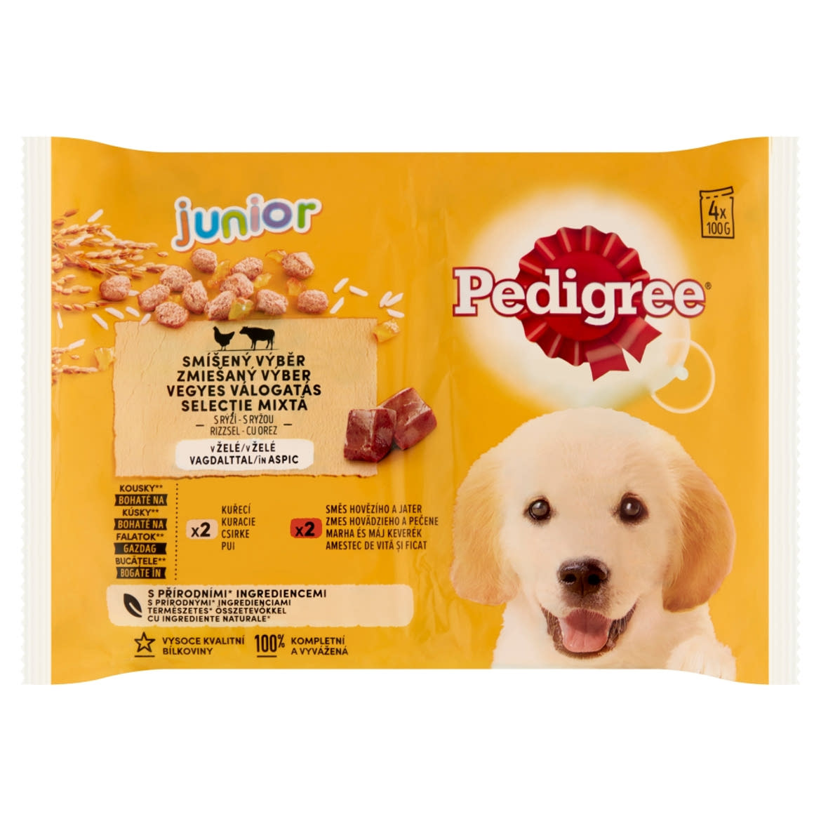 Pedigree Junior teljes értékű vegyes válogatás eledel kölyöknek rizzsel vagdalttal 4 x