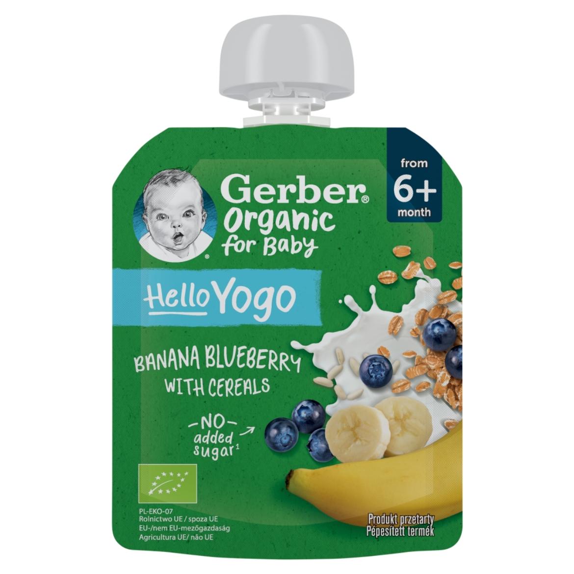 Gerber Organic for Baby Hello Yogo bio banán-áfonya gyümölcspüré gabonával 6 hónapos kortól