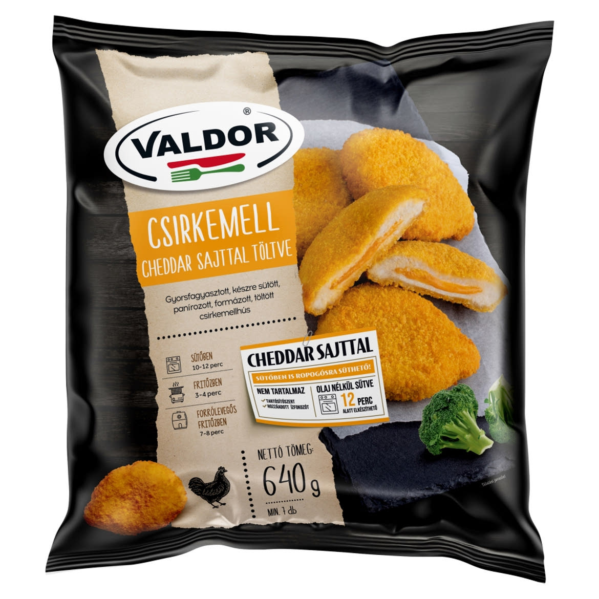 Valdor gyorsfagyasztott, készre sütött, panírozott, cheddar sajttal töltött csirkemell