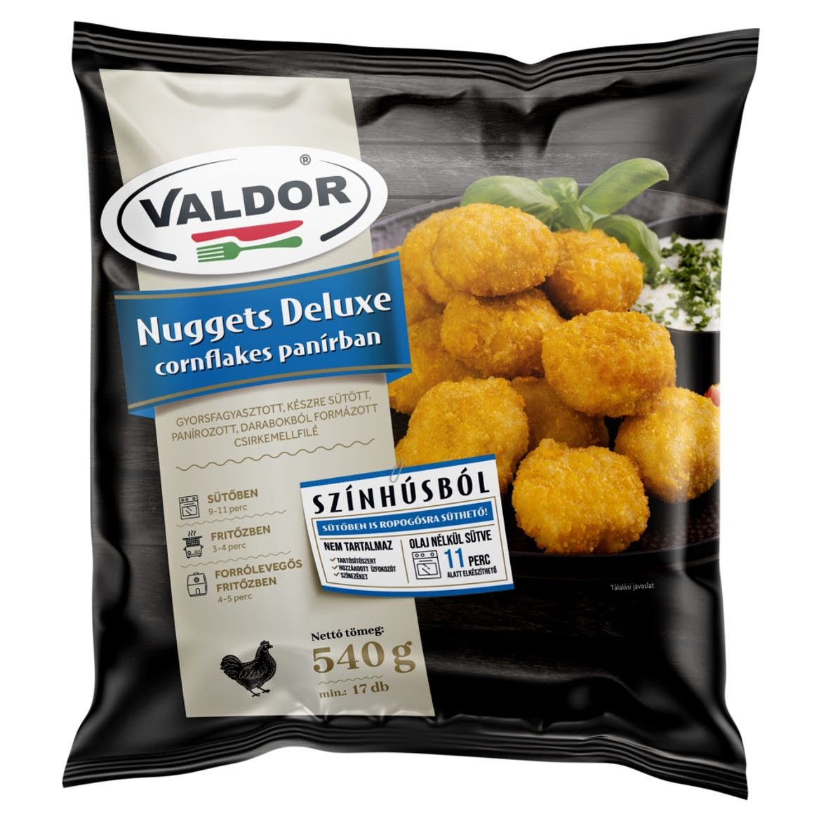 Valdor Nuggets Deluxe gyorsfagyasztott, készre sütött csirkemellfilé cornflakes panírban