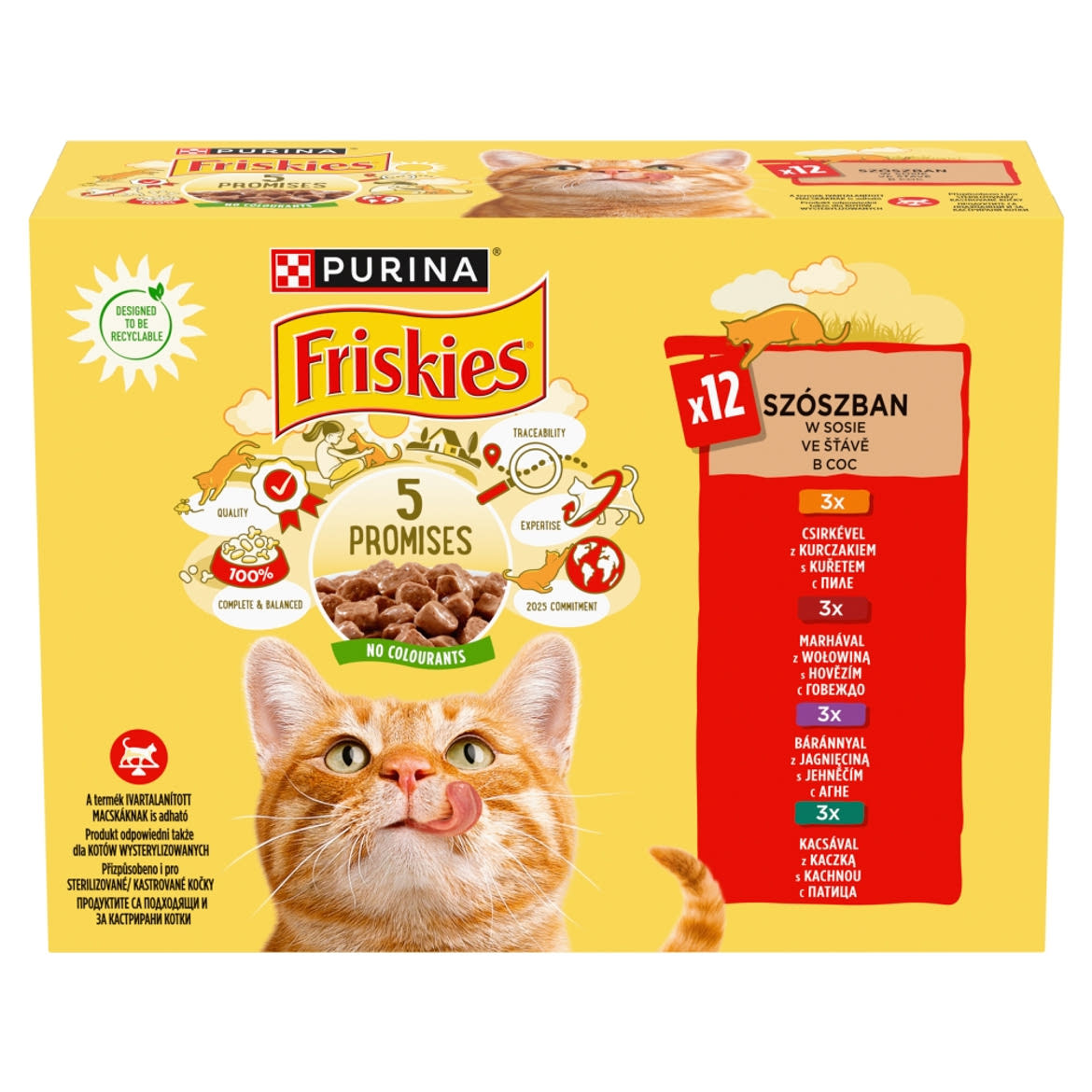Friskies szószban csirkével/marhával/báránnyal/kacsával nedves macskaeledel 12 x