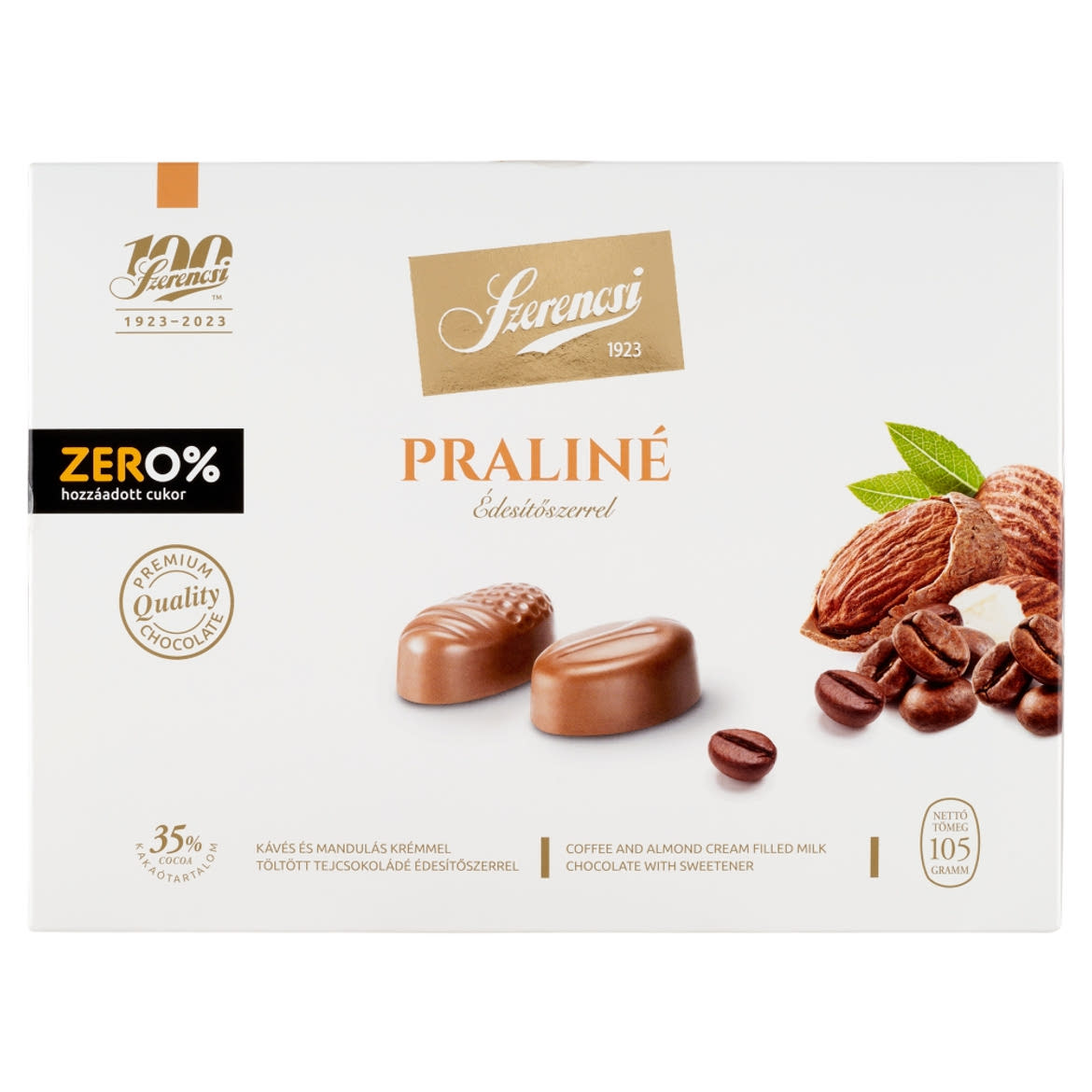 Szerencsi Zero% praliné kávés és mandulás krémmel töltött tejcsokoládé édesítőszerrel