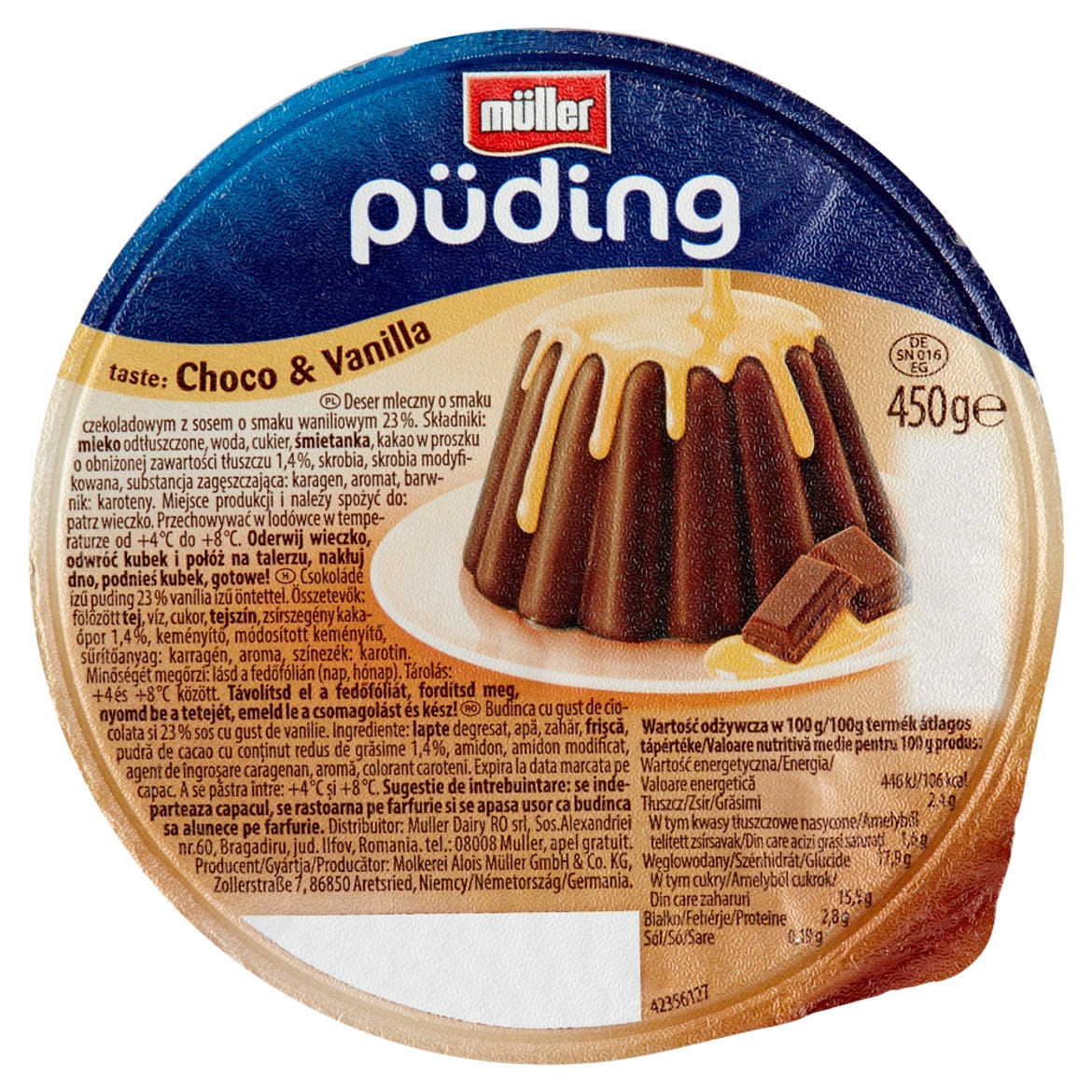 Müller csokoládé ízű puding vanília ízű öntettel