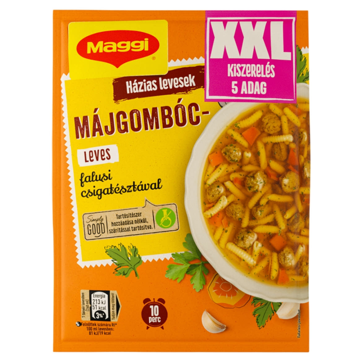 Maggi májgombócleves falusi csigatésztával