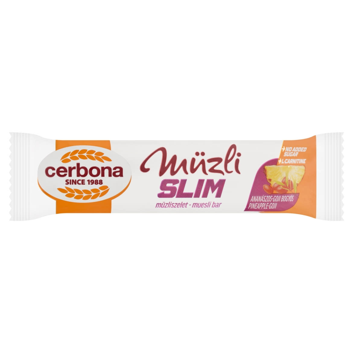 Cerbona Slim ananászos-goji bogyós müzliszelet L-karnitinnel, cukor hozzáadása nélkül