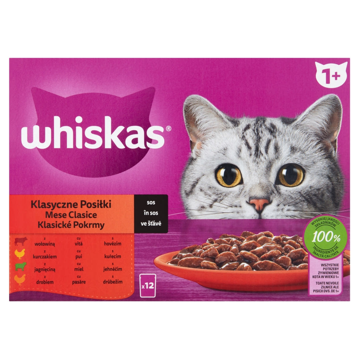 Whiskas 1+ teljes értékű nedves eledel felnőtt macskáknak 12 x  (1,02 kg)