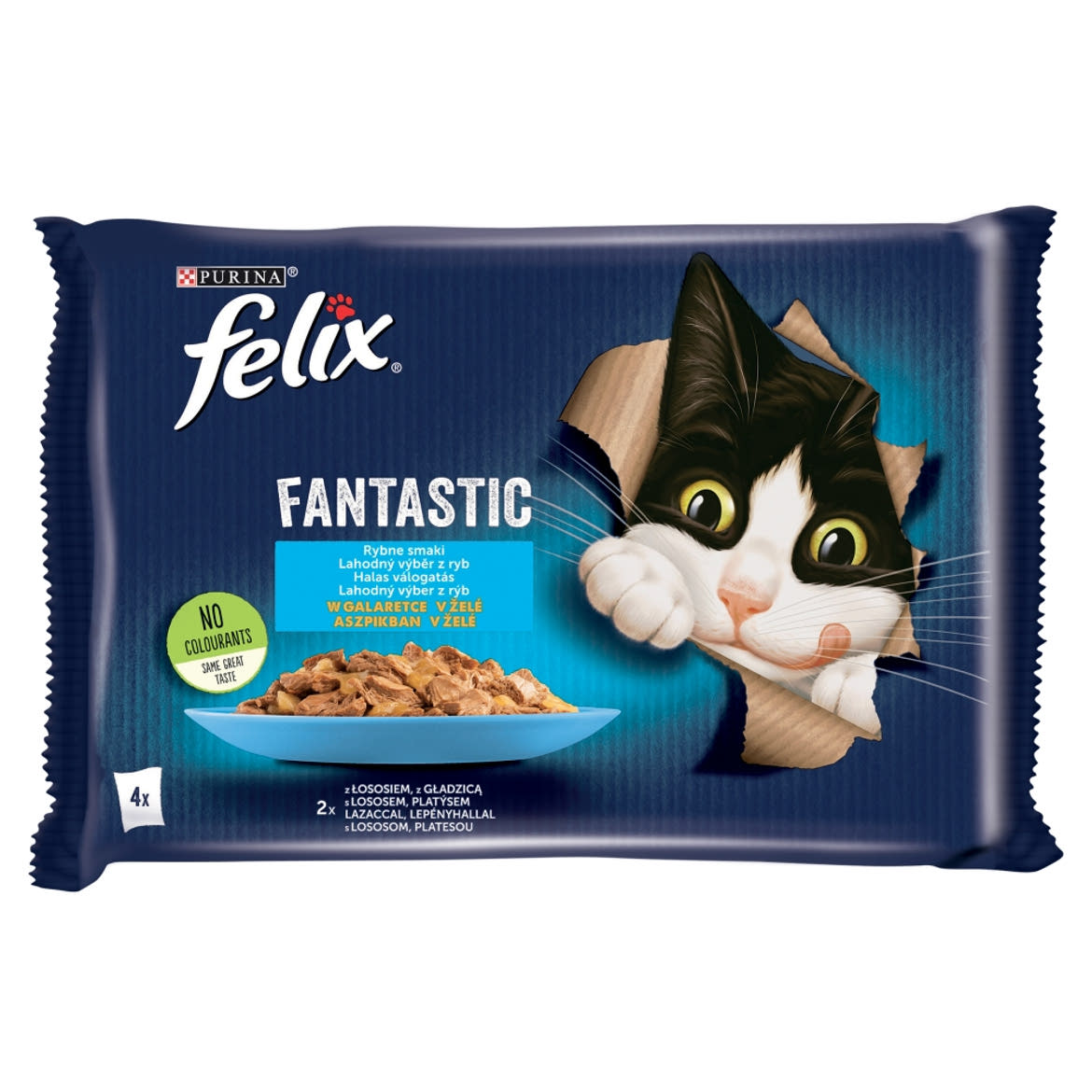 Felix Fantastic Lazaccal/Lepényhallal aszpikban nedves macskaeledel 4 x