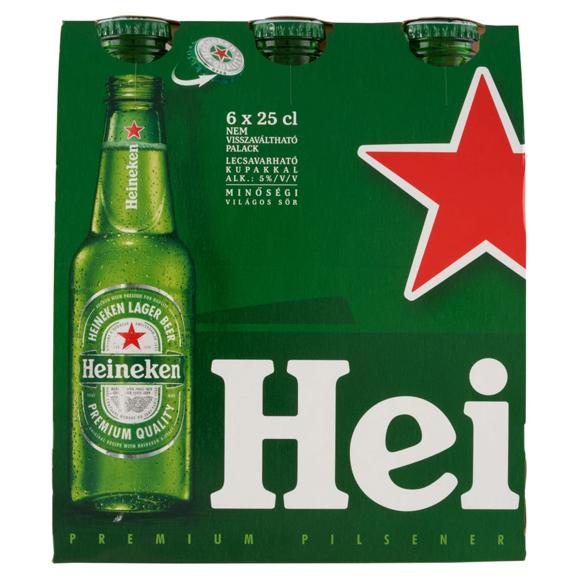 Heineken minőségi világos sör üveges 5% 6 x 0,25 L, + betétdíj, 1,5 L